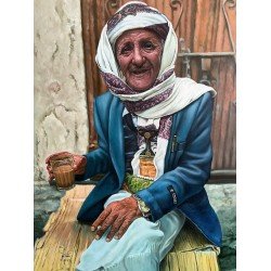 لوحة مطبوعة وقت الشاي في العصرية بالمدينة القديمة مقاس 70x50  للفنان التشكيلي اليمني القدير عدنان جمن