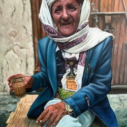 لوحة مطبوعة وقت الشاي في العصرية بالمدينة القديمة مقاس 70x50  للفنان التشكيلي اليمني القدير عدنان جمن