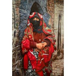 لوحة مطبوعة لإمرأة مسنة بكامل اناقتها الصنعانية في المدينة القديمة 120x90 cm للفنان عدنان جمن لوحة مطبوعة لإمرأة مسنة بكامل اناقتها الصنعانية في المدينة القديمة 120x90 cm للفنان عدنان جمن