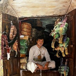 لوحة فنية زيتية على القماش بائع الجنابي في المدينة القديمة مقاس 70x100  للفنان التشكيلي اليمني القدير عدنان جمن