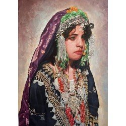لوحة فنية زيتية على القماش لشابة بملابس الاعراس الصنعانية ذات احتفال محلي مقاس 70x50 للفنان التشكيلي اليمني القدير عدنان جمن لوحة فنية زيتية على القماش لشابة بملابس الاعراس الصنعانية ذات احتفال محلي مقاس 70x50 للفنان التشكيلي اليمني القدير عدنان جمن
