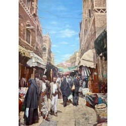 لوحة مطبوعة لظهيرة شتوية في صنعاء القديمة مقاس 150x200 للفنان التشكيلي اليمني القدير عدنان جمن لوحة مطبوعة لظهيرة شتوية في صنعاء القديمة مقاس 150x200 للفنان التشكيلي اليمني القدير عدنان جمن