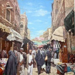 لوحة مطبوعة لظهيرة شتوية في صنعاء القديمة مقاس 150x200  للفنان التشكيلي اليمني القدير عدنان جمن