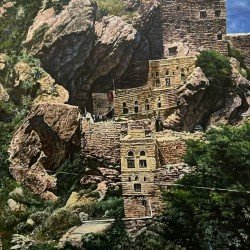 لوحة مطبوعة لمنظر من مدينة الطويلة التاريخية مقاس 80x120  للفنان التشكيلي اليمني القدير عدنان جمن