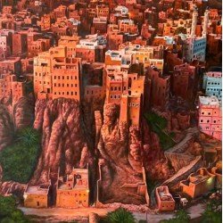 لوحة مطبوعة لمدينة دوعن حضرموت التاريخية مقاس 80x120  للفنان التشكيلي اليمني القدير عدنان جمن