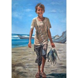 لوحة فنية زيتية على القماش الصياد الصغير مقاس 70x50  للفنان التشكيلي اليمني القدير عدنان جمن