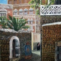 لوحة فنية بألوان زيتية بعنوان صنعاء القديمة مقاس 60×80 سم للفنانة دعاء المقالح
