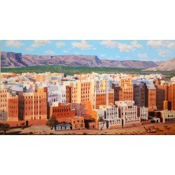 لوحة مطبوعة لشبام حضرموت مقاس cm 95×180 للفنان ردفان المحمدي