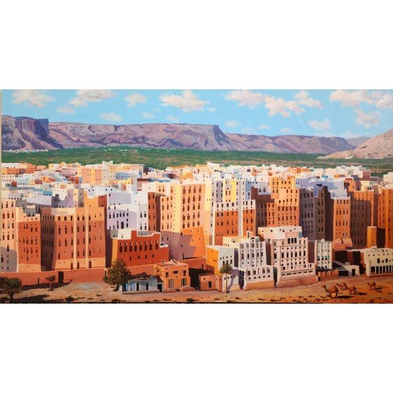 لوحة مطبوعة لشبام حضرموت مقاس cm 70×140 للفنان ردفان المحمدي