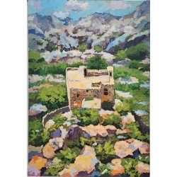 لوحة فنية بألوان كريليك بعنوان منظر طبيعي مقاس 50×75 سم للفنان ردفان المحمدي