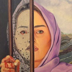 لوحة فنية بألوان زيتية بعنوان مابين وبين مقاس 50×70 سم للفنان ردفان المحمدي