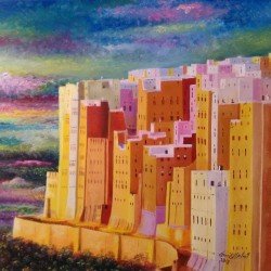 لوحة فنية زيتية على القماش لشبام حضرموت مقاس 50x50  للفنان التشكيلي اليمني وسام العنسي