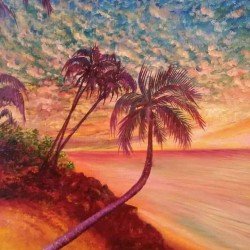 لوحة فنية زيتية على القماش للغروب في الخوخة مقاس 35x45  للفنان التشكيلي اليمني وسام العنسي