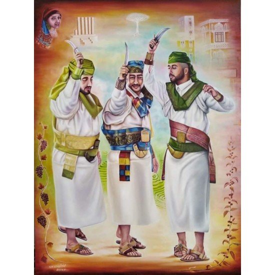 لوحة فنية  زيتية على القماش للرقص الصنعاني  للفنان التشكيلي اليمني وسام العنسي