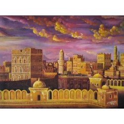 لوحة فنية  زيتية على القماش لصنعاء لحظة الغروب مقاس 60x80  للفنان التشكيلي اليمني وسام العنسي