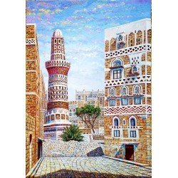 لوحة مطبوعة بعنوان صنعاء القديمة مقاس 50x70  للفنان التشكيلي اليمني زياد العنسي