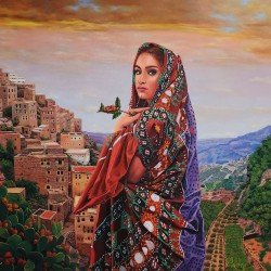 لوحة مطبوعة على كانفاس   (فتاة القهوة) مقاس cm 100×120 للفنان ردفان المحمدي