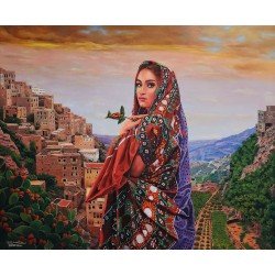 لوحة مطبوعة على كانفاس   (فتاة القهوة) مقاس cm 100×120 للفنان ردفان المحمدي