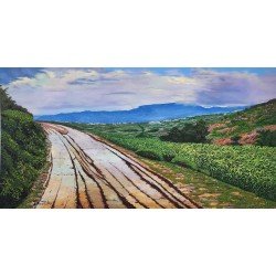 لوحة فنية بألوان زيتية واكريليك بعنوان انفاس الارض مقاس 180×95 سم  للفنان ردفان المحمدي