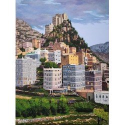 لوحة مطبوعة على كانفاس   (قرية المحجبة يافع) مقاس cm 90×120 للفنان ردفان المحمدي