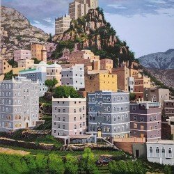 لوحة مطبوعة على كانفاس   (قرية المحجبة يافع) مقاس cm 90×120 للفنان ردفان المحمدي